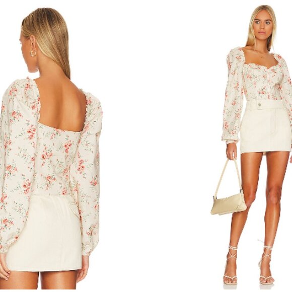 WeWoreWhat Ruched Dainty Floral Top Bustier Pouf Sleeves Cream Pink NEW Large - Picture 4 of 15